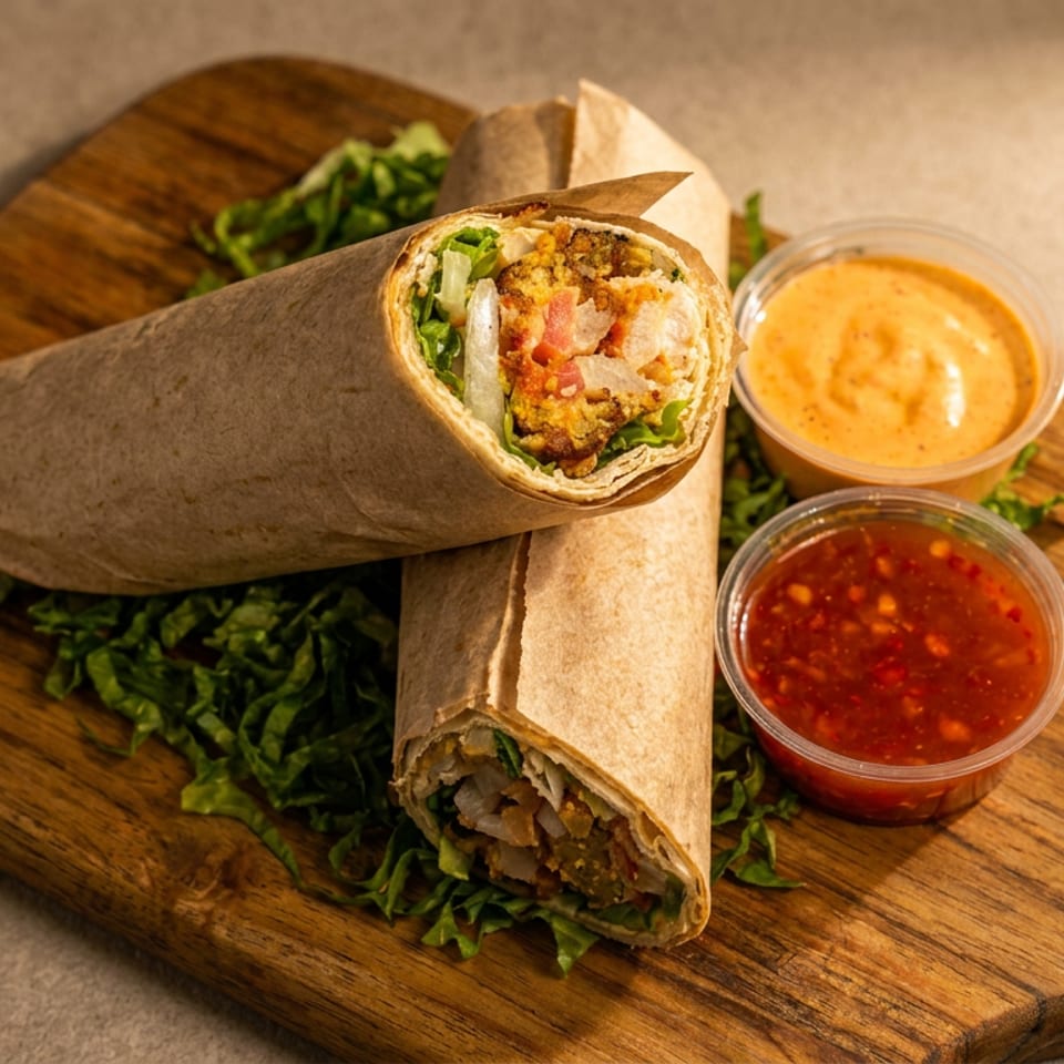 Two falafel wraps with lettuce, onions, and tomatoes, served with two dipping sauces on a wooden board.
