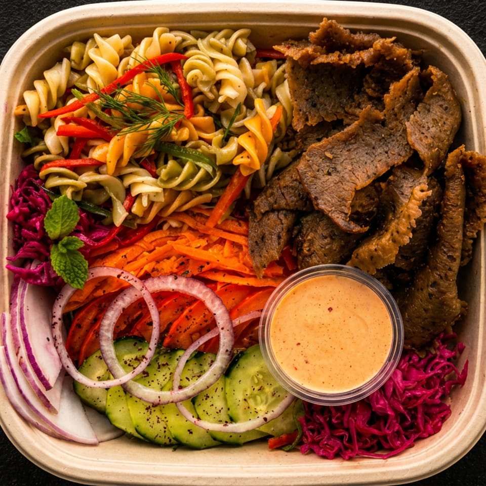 A takeout container filled with pasta salad, sliced meat, shredded carrots, red cabbage, cucumbers, and onions.