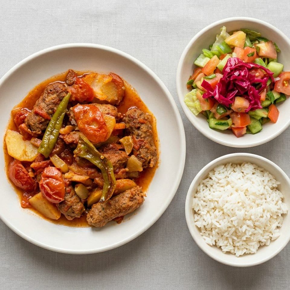 A plate of Turkish meatball stew with potatoes, tomatoes, and peppers, served with rice and salad.