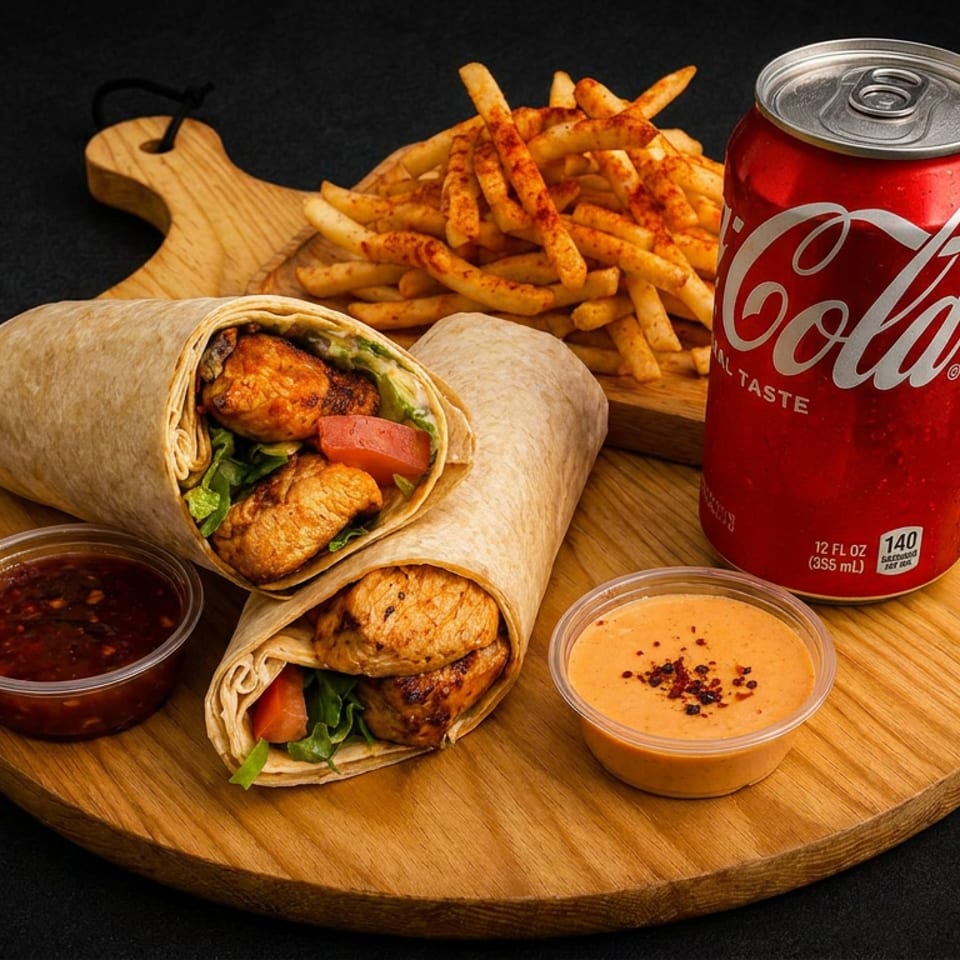 Two chicken wraps with fries, a Coca-Cola can, and two dipping sauces on a wooden board.
